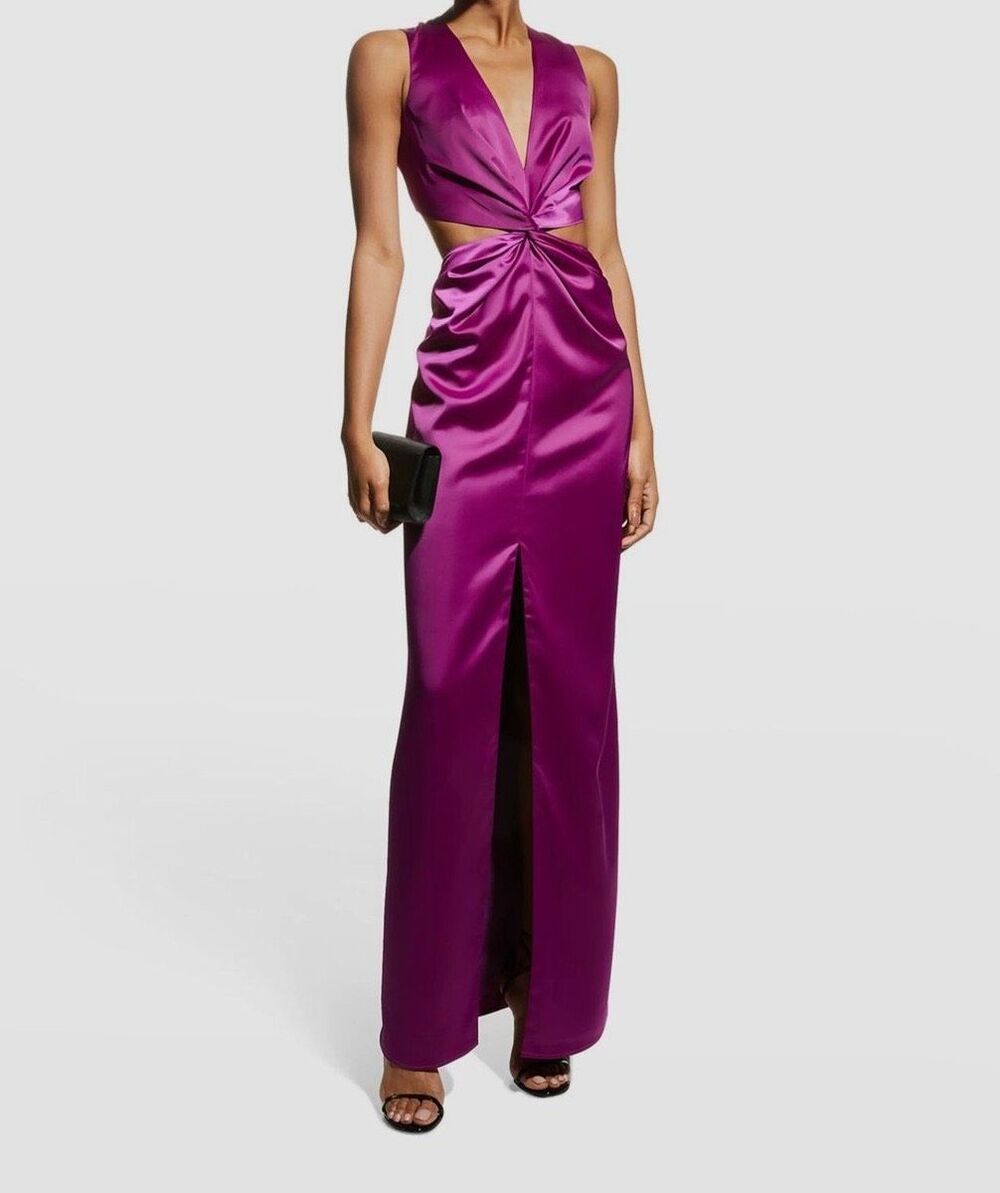 One33 Social Fuchsia Satin Cutout Maxi Gown Deep V-Neck Formal Evening Dress New